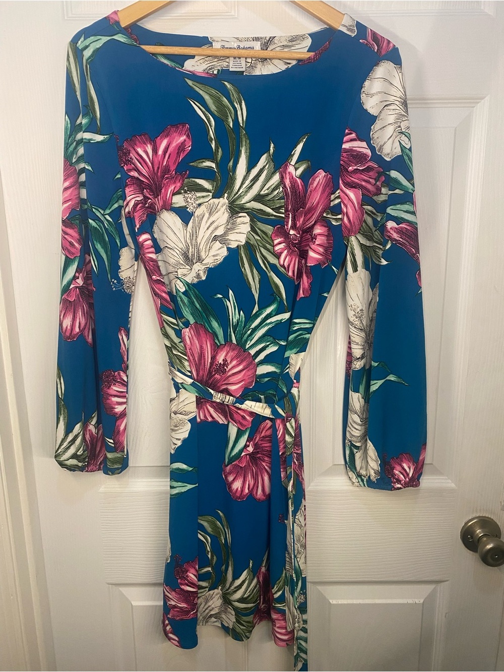 Tommy Bahama M Teal Blue Long Sleeve Floral Midi Dress w Pink & White Blooms